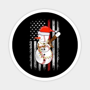 Christmas Snowman Playing Baseball with Us Flag Background Magnet